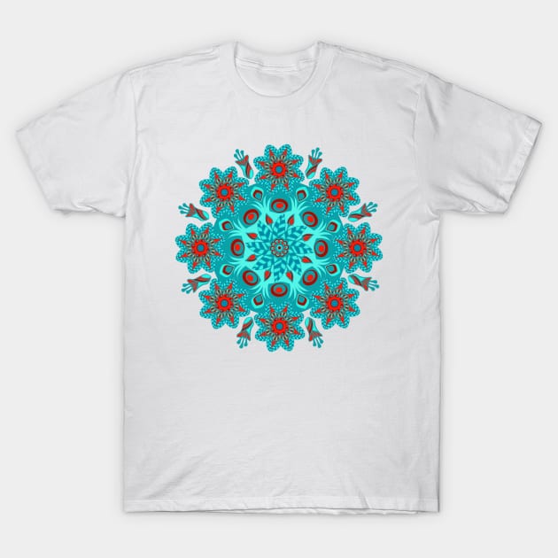 Mandala Red Aqua Teal Floral T-Shirt by bragova